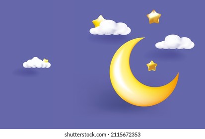 Crescent moon, golden stars and white clouds 3d style isolated on purple background. Vector illustration