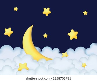 Crescent moon, golden stars and white clouds 3d style isolated on blue background. Dream, lullaby, dreams background design for banner, booklet, poster. Vector illustration EPS10