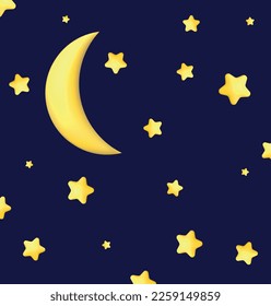 Crescent moon, golden stars and white clouds 3d style isolated on blue background. Dream, lullaby, dreams background design for banner, booklet, poster. Vector illustration EPS10
