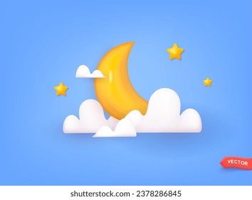 Crescent moon, golden stars and white clouds 3d style isolated on blue background. 3D Vector Web llustrations.