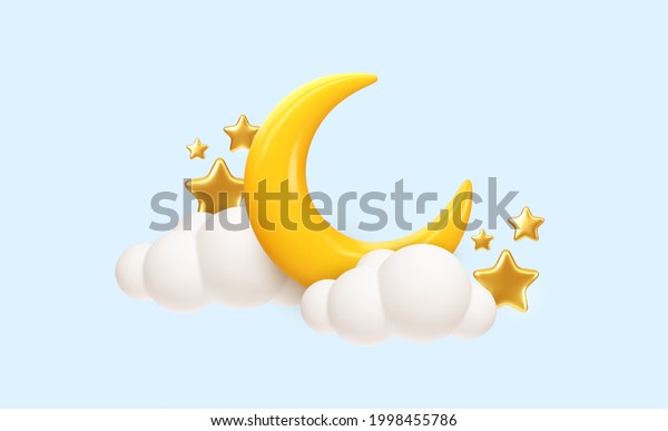 Crescent moon,
golden stars and white clouds 3d style isolated on blue background.
Dream, lullaby, dreams background design for banner, booklet,
poster. Vector illustration
EPS10