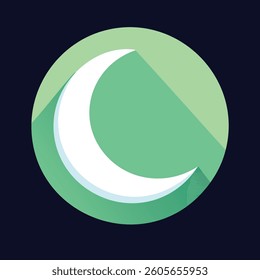 Crescent moon graphic with shadow, inside green circle, against dark blue background