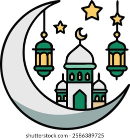 Crescent moon with green mosque and lanterns representing Ramadan devotion and peace.