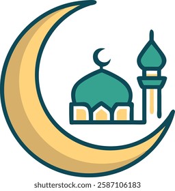 Crescent moon with green mosque and minaret, symbolizing Ramadan devotion and prayers.