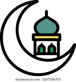 Crescent moon with green mosque representing Islamic faith during Ramadan.