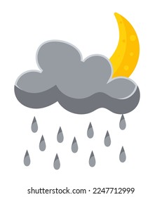Crescent moon, grey cloud and falling rain. Weather forecast element. Vector illustration in cartoon design