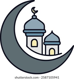 Crescent moon with grey mosque, symbolizing Islamic faith and Ramadan nights.