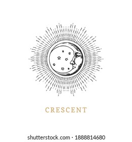 Crescent moon in halo, hand drawn in engraving style. Vector graphic retro illustration. Vintage pastiche of esoteric and occult sign.