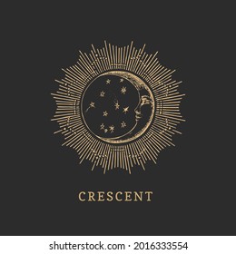 Crescent Mond in halo, handgezeichnet im Gravierstil. Vektorgrafik-Retrografik. Vintage Pastiche der esoterischen und okkulten Zeichen.