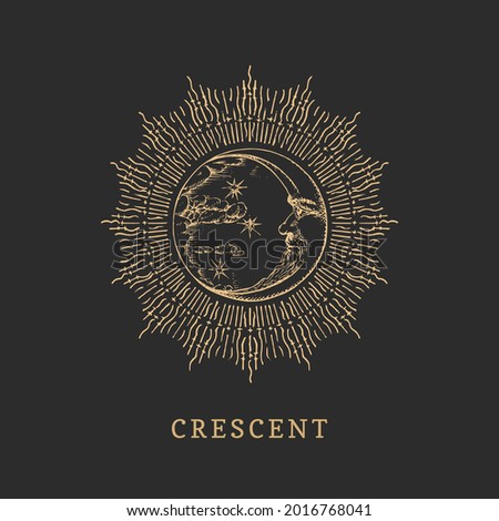 Crescent moon in halo, hand drawn in engraving style. Vector graphic retro illustration. Vintage pastiche of esoteric and occult sign.