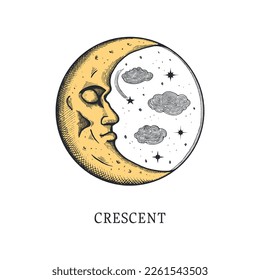 Crescent moon hand drawing vector illustration. Crescent Moon Drawings in engraving style. Vintage pastiche of esoteric and occult signs.