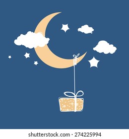  crescent moon with hanging colorful gift box. 