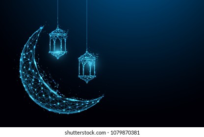 Crescent moon with hanging lamps Islamic Festival concept form lines and triangles, point connecting network on blue background. Illustration vector