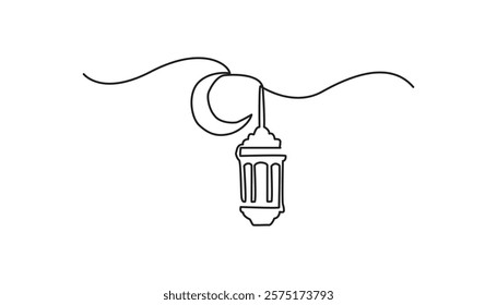 crescent moon with hanging lamps islamic concept continuous one line drawing