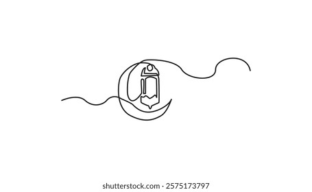 crescent moon with hanging lamps islamic concept continuous one line drawing