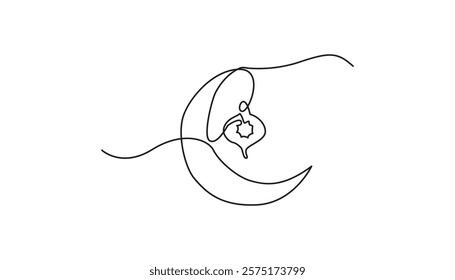 crescent moon with hanging lamps islamic concept continuous one line drawing