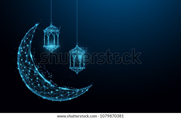 青の背景に三日月と吊り下げ灯を持つイスラム祭のコンセプトが線と三角形を形成し 点を結ぶネットワーク イラストのベクター画像 のベクター画像素材 ロイヤリティフリー