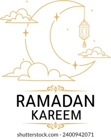 Crescent moon with hanging lantern and clouds in golden line art style vector illustration. Concept of Ramadan Kareem, Eid, Mubarak. Islamic holy mont