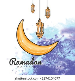 Lunes de luna creciente y farol colgante celebración del mes de ramadán diseño plano