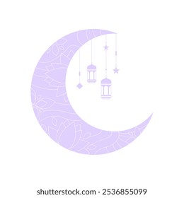 Luna Creciente Con Faroles Colgantes En Ilustración vectorial Plana Que Simbolizan Ramadán, Festividades Islámicas Y Devoción Espiritual, Aislados Sobre Fondo Blanco