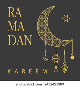 Luna creciente con linternas colgantes, oro sobre negro, ilustración vectorial para Ramadan Kareem, transmitiendo el espíritu festivo.