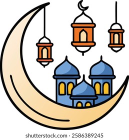 Crescent moon with hanging lanterns and mosque illustration symbolizing Ramadan.