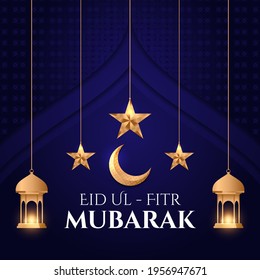 Crescent moon and hanging lanterns realistic eid mubarak background