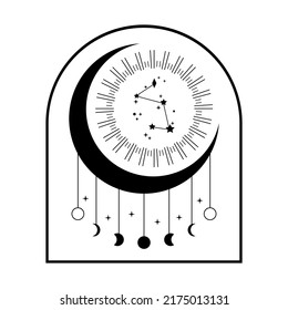 Crescent moon with hanging  phases of the moon and constellation stars in light ray mystic magic boho black icon vector design.