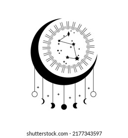 Crescent moon with hanging  phases of the moon and constellation stars in light ray mystic magic boho black icon vector design.