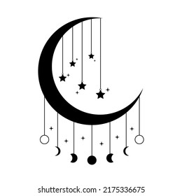 Crescent moon with hanging  phases of the moon and stars mystic magic boho black icon vector design.