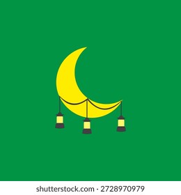 Luna creciente con la Ilustración vectorial colgante de las linternas de Ramadán sobre fondo verde