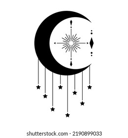 Crescent moon with hanging stars and compass mystic magic boho black icon vector design.