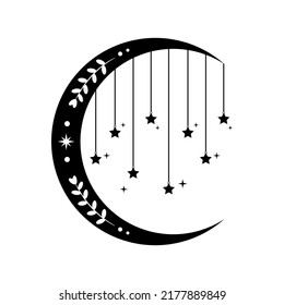 Crescent moon with hanging stars and olive leaves mystic magic boho black icon vector design.