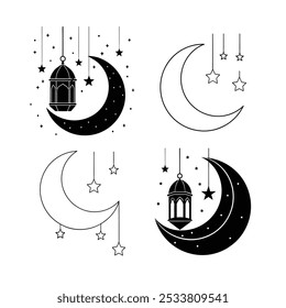 Crescent moon with hanging stars vector illustration line art