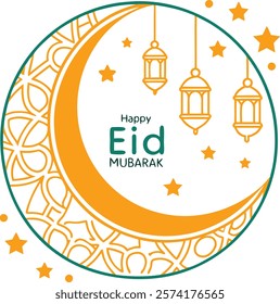 Crescent moon with Happy Eid Mubarak text, adorned with stars and lanterns, perfect for design