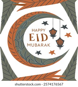 Crescent moon with Happy Eid Mubarak text, adorned with stars and lanterns, perfect for design