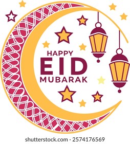 Crescent moon with Happy Eid Mubarak text, adorned with stars and lanterns, perfect for design