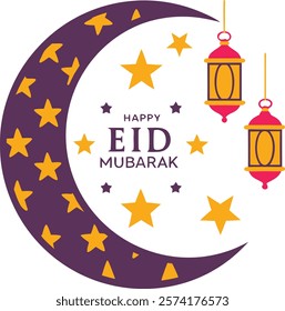 Crescent moon with Happy Eid Mubarak text, adorned with stars and lanterns, perfect for design