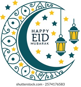 Crescent moon with Happy Eid Mubarak text, adorned with stars and lanterns, perfect for design