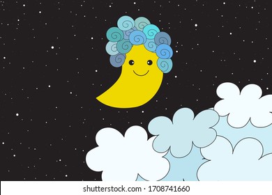 Crescent moon has curly  hair with cloud and many stars at night.
