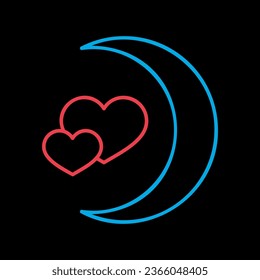 Crescent moon with heart shaped stars isolated on black background icon. Vector illustration, romance elements. Sticker, patch, badge, card for marriage, valentine