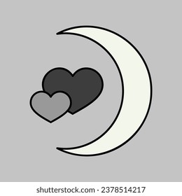 Crescent moon with heart shaped stars isolated grayscale icon. Vector illustration, romance elements. Sticker, patch, badge, card for marriage, valentine