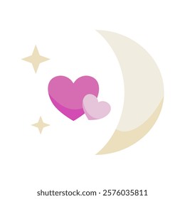 Crescent Moon with Hearts: A simple yet enchanting illustration of a crescent moon with two hearts floating beside it, accented by twinkling stars, radiating a soft glow of love and tranquility.