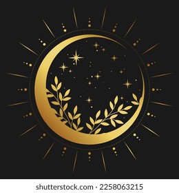 The crescent moon with herbs and stars. Wicca, alchemy, mystical, magic, celestial, esoteric, sacred, spiritual, occultism inspired concept. Hand drawn vector