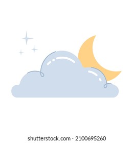 Luna creciente escondiéndose detrás de la nube sobre fondo blanco. Ilustración vectorial de color en forma de dibujos animados planos