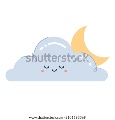 Crescent moon hiding behind sleeping cloud. Cute baby characters isolated on white background. Childish colored vector illustration in cartoon flat style.