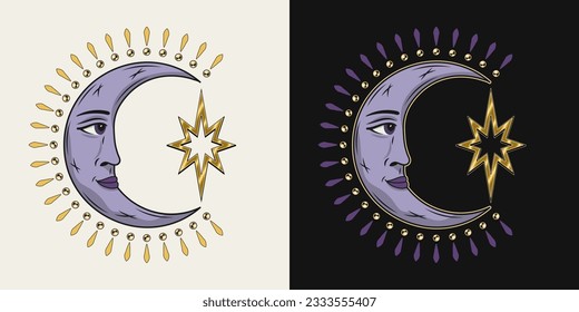 Crescent moon is holding single star. Mythological faitytale symbol with face. Groovy, hippie style. For clothing, apparel, T-shirts, surface decoration, kids design Retro style illustration