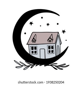 Crescent moon and house with stars, simple logo, vintage illustration, boho tattoo. Hand drawn cute esoteric clipart, icon for social media stories. Vector isolated on white.