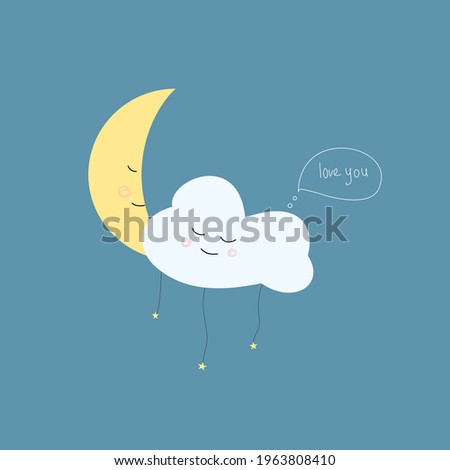 The crescent moon hugs the cloud. Children's drawing. Vector.
