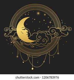 Crescent moon with human face in cloudy sky. Vector illustration